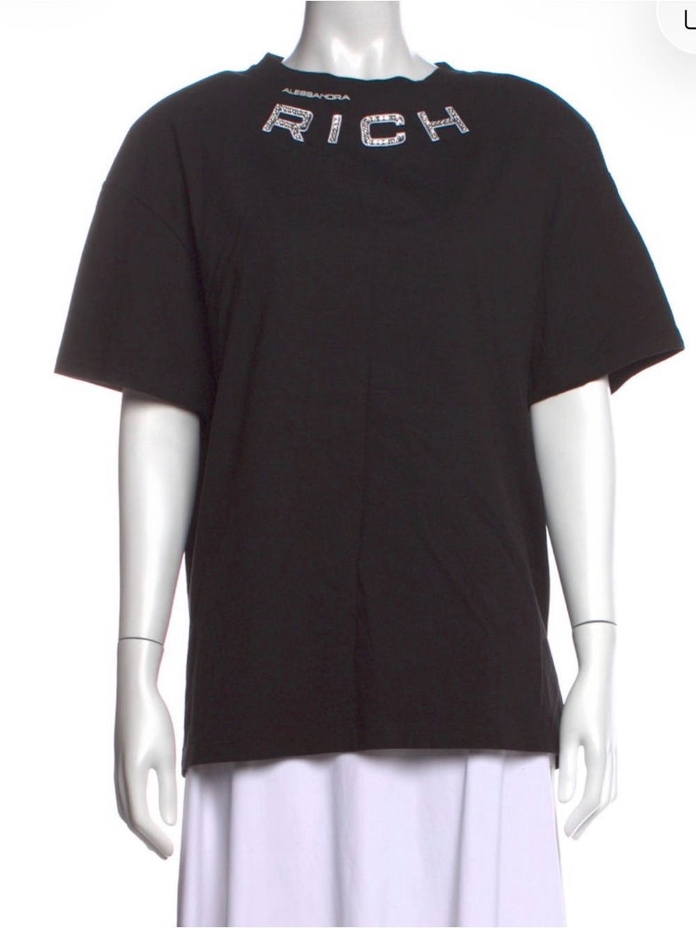 Alessandra Rich Black Logo Crewneck Tee with Embellished 'RICH'
